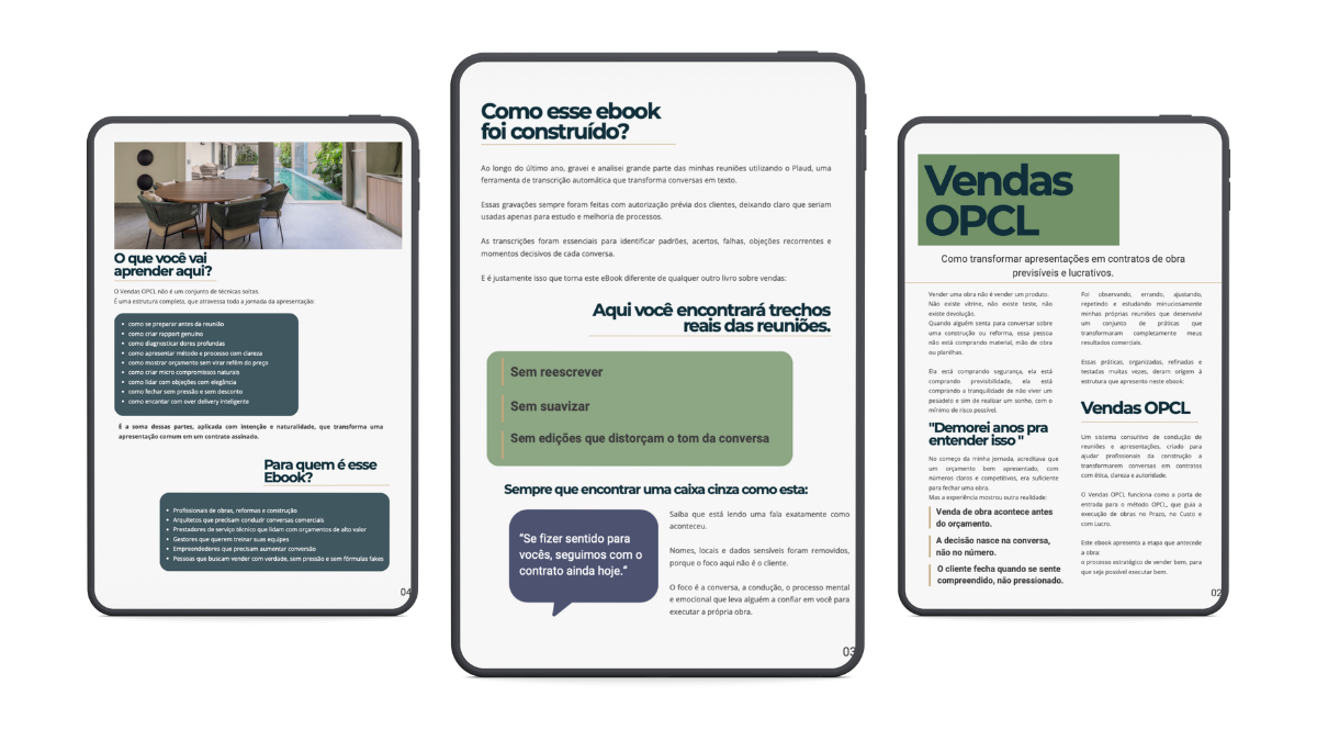 Prints internos do ebook Vendas OPCL em três tablets, mostrando seções de Para quem é, Como esse ebook foi construído e Vendas OPCL.