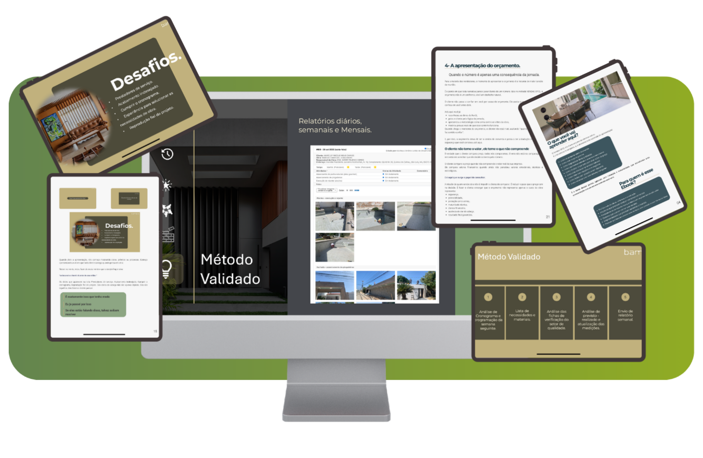 Mockup do template de apresentação do Método OPCL exibido em monitor desktop com slides de Desafios, Método Validado e Apresentação do Orçamento.